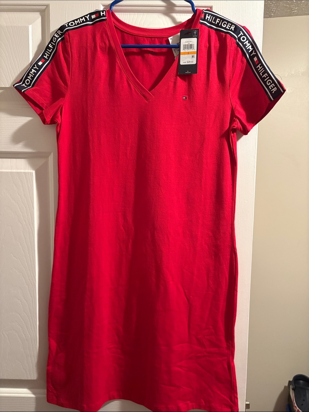 Tommy Hilfiger Red V-Neck Short Sleeve Logo Dress with Branded Shoulder Tape